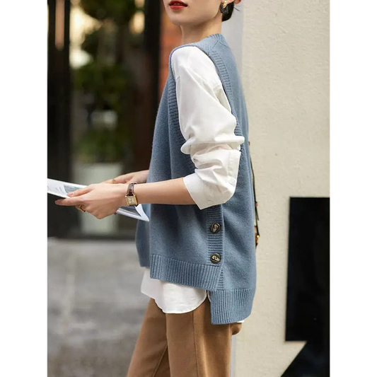 100% Merino Wool Sleeveless Knit Vest – O-Neck Pullover for Women - Sweaters