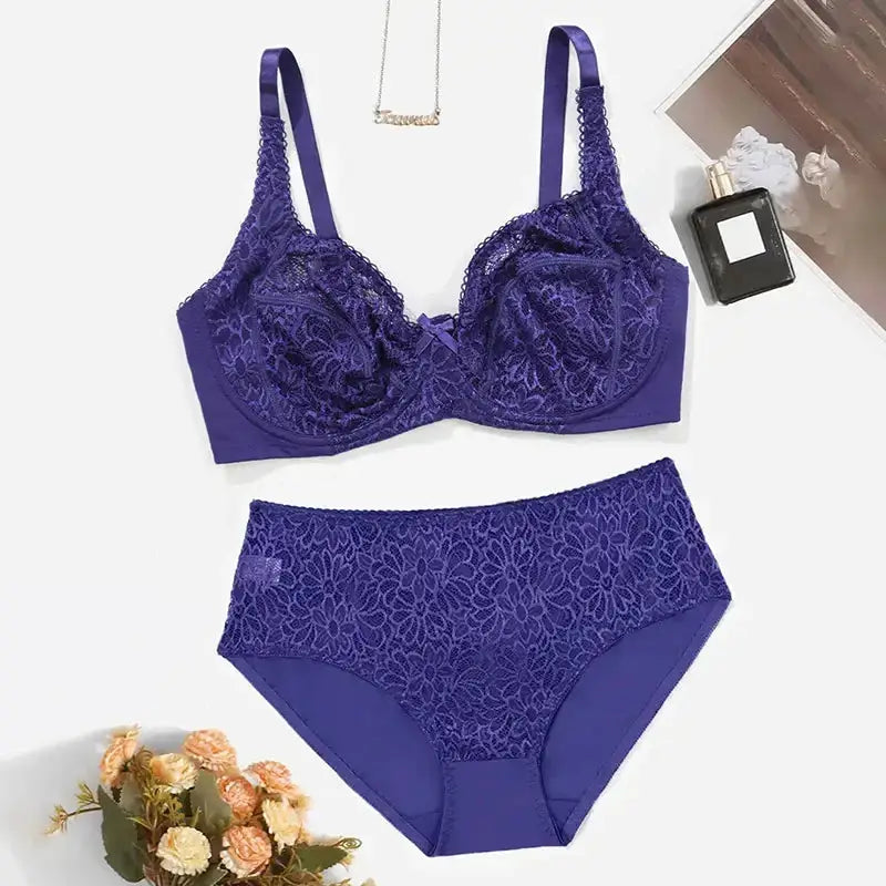 85C-110E Women's Plus Size Lingerie Set Plain Lace Thin Unlined Underwire Bra and Panty Set - The Lady's Haven Boutique