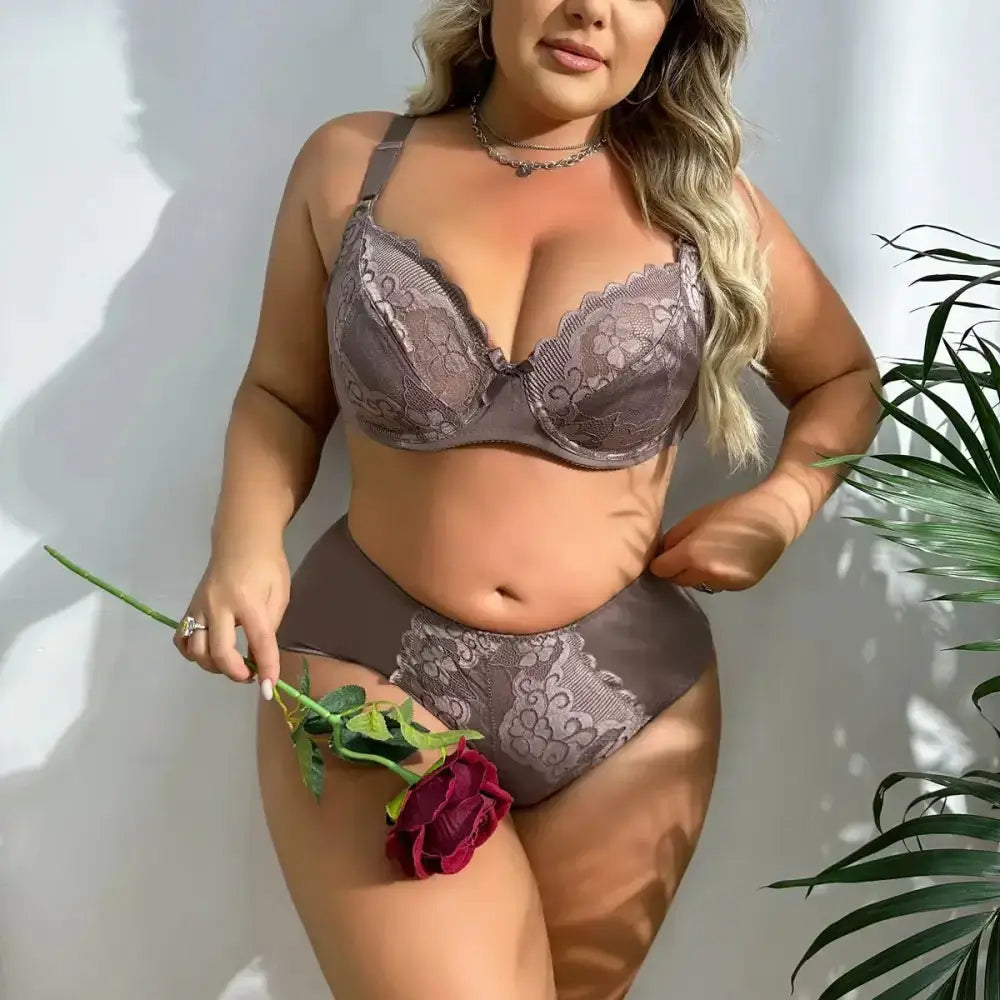 BEAUWEAR Women Plus Size Bra and Panty Set Floral Lace Underwear Set Ultrathin Unlined lingerie Set 85D 90D 95D 100D