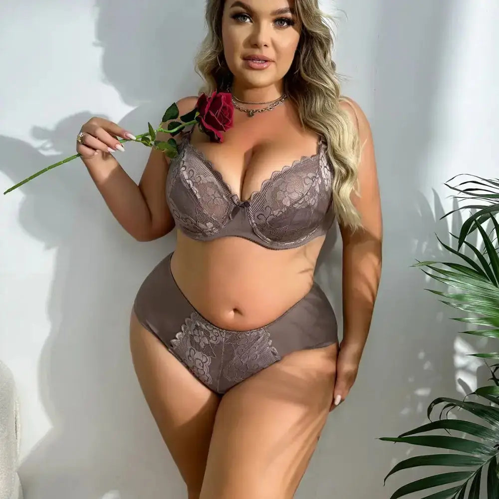 BEAUWEAR Women Plus Size Bra and Panty Set Floral Lace Underwear Set Ultrathin Unlined lingerie Set 85D 90D 95D 100D