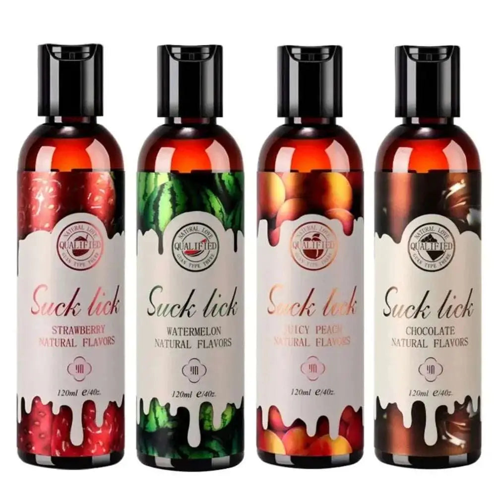 Four bottles of flavored personal lubricant: strawberry, watermelon, peach, and chocolate.