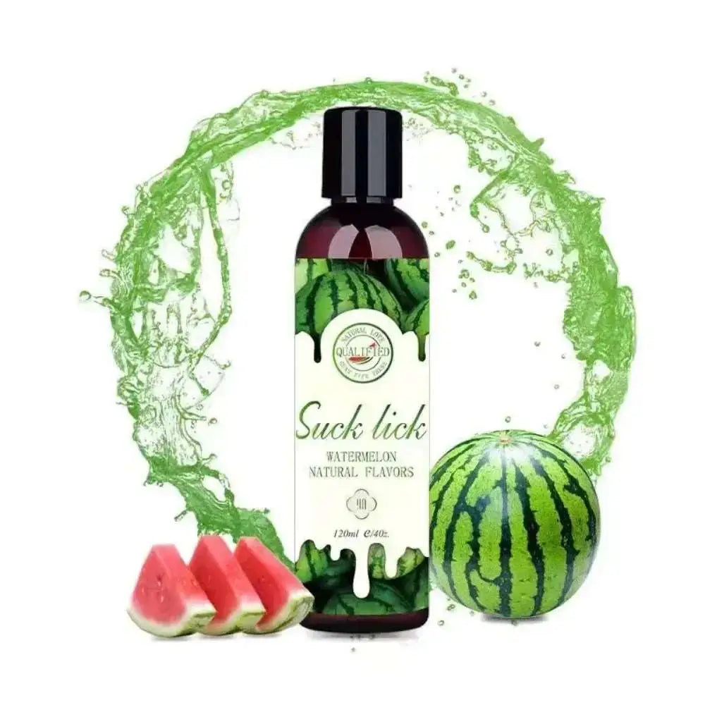 Suck lick watermelon natural flavors lubricant in 120ml bottle with watermelon slices and splash effect.