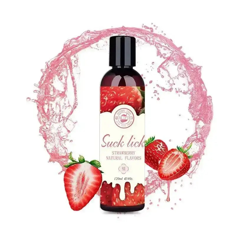 Suck lick Strawberry Natural Flavors Lubricant, 120ml bottle with strawberry details and splash effect.