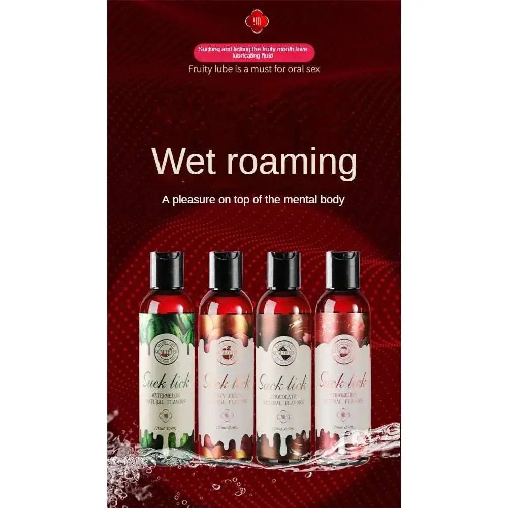 Suck lick oral sex lube set with watermelon, icy peach, chocolate and strawberry flavors. Bottles are 120ml.