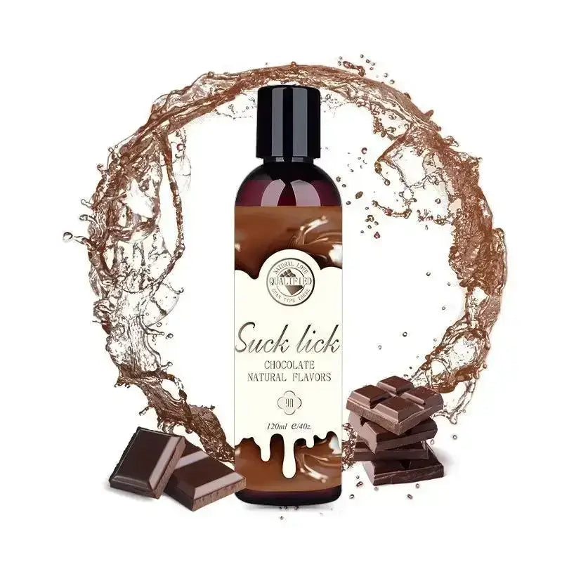 Suck lick Chocolate Natural Flavors lubricant, 120ml bottle with chocolate splash and chocolate pieces.