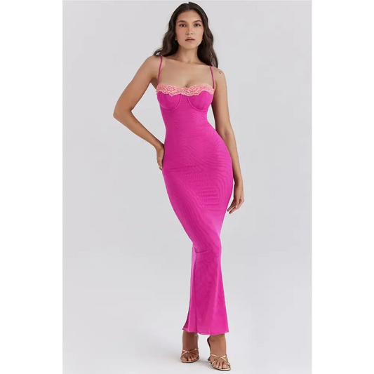 Mozision Lace Spaghetti Strap Bodycon Maxi Dress Women Gown Patchwork Fashion Sleeveless Backless Sexy Club Party Dress