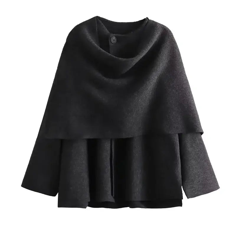 Black asymmetrical long sleeve cardigan for ladies with button detail and layered design