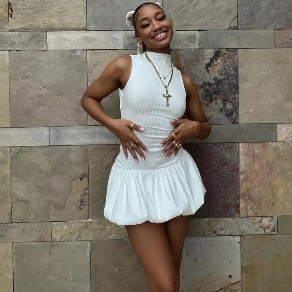 Mozision Hollow Out Backless Sleeveless Mini Dress For Women Summer New Fashion Solid O Neck Slim Pleated Dress Elegant