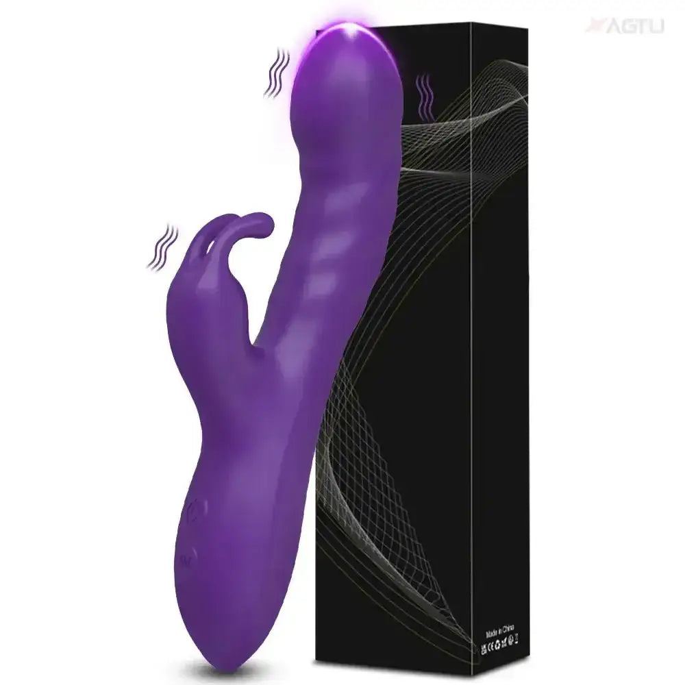 Purple rabbit vibrator with clitoral stimulator and G-spot stimulator shown with its box.