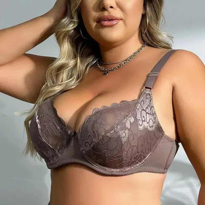 Solid Color Floral Lace Lingerie Plus Size for Woman Thin Bra with wire without Foam - Khaki / 95D