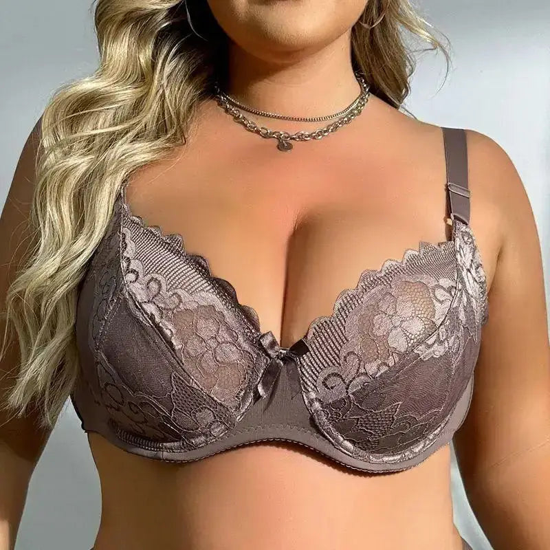 Solid Color Floral Lace Lingerie Plus Size for Woman Thin Bra with wire without Foam