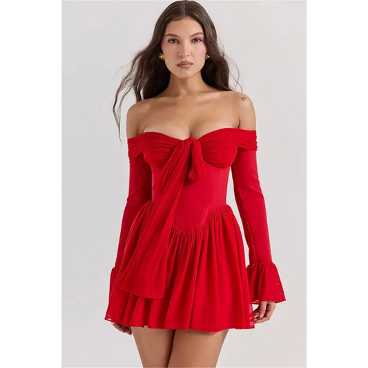 Mozision Elegant Strapless Backless Sexy Mini Dress For Women Red Off-shoulder Long Flare Sleeve Pleated Club Party