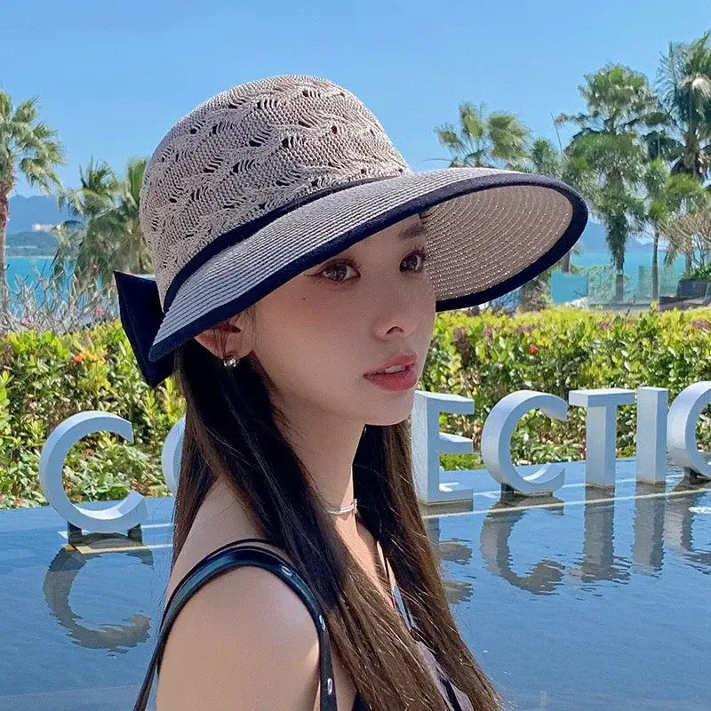 Summer Girls Sun Hats Wide Brim Bowknot Straw Hat with Ribbon Outdoor Sun Protection Women Hats Soild Color Ladies