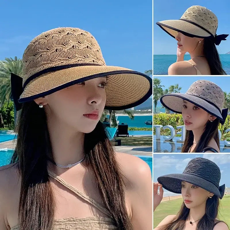 Summer Girls Sun Hats Wide Brim Bowknot Straw Hat with Ribbon Outdoor Sun Protection Women Hats Soild Color Ladies