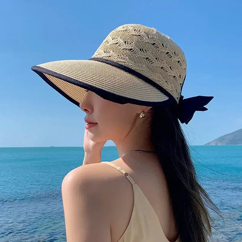 Summer Girls Sun Hats Wide Brim Bowknot Straw Hat with Ribbon Outdoor Sun Protection Women Hats Soild Color Ladies