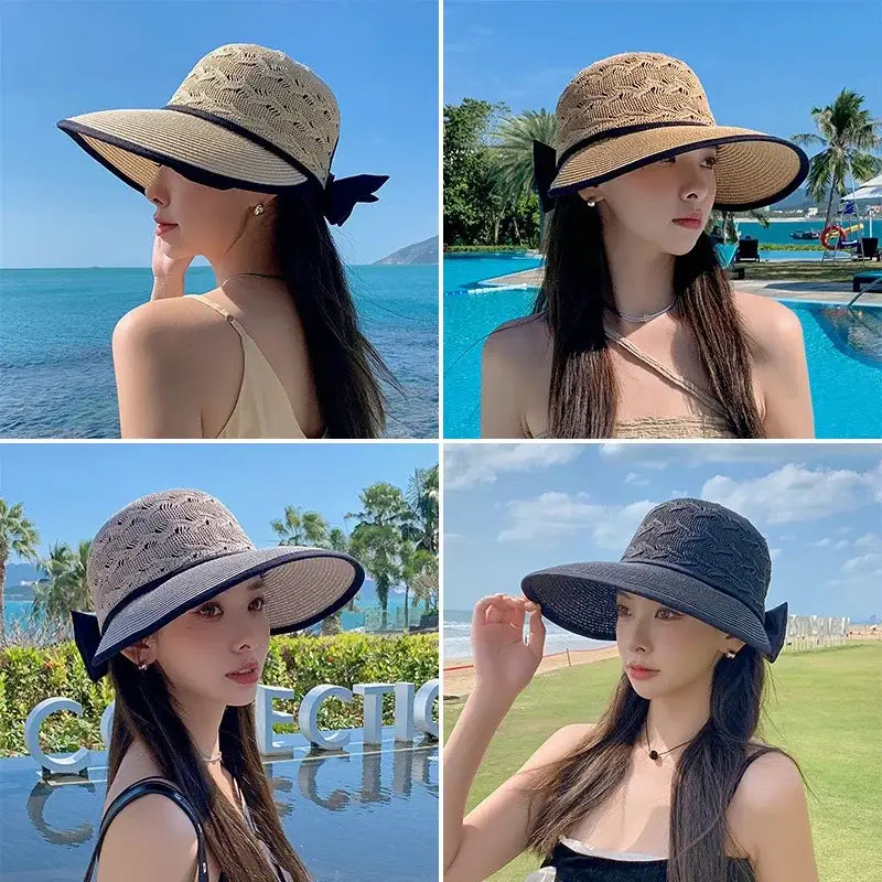 Summer Girls Sun Hats Wide Brim Bowknot Straw Hat with Ribbon Outdoor Sun Protection Women Hats Soild Color Ladies