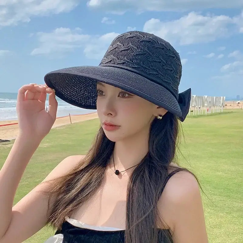 Summer Girls Sun Hats Wide Brim Bowknot Straw Hat with Ribbon Outdoor Sun Protection Women Hats Soild Color Ladies