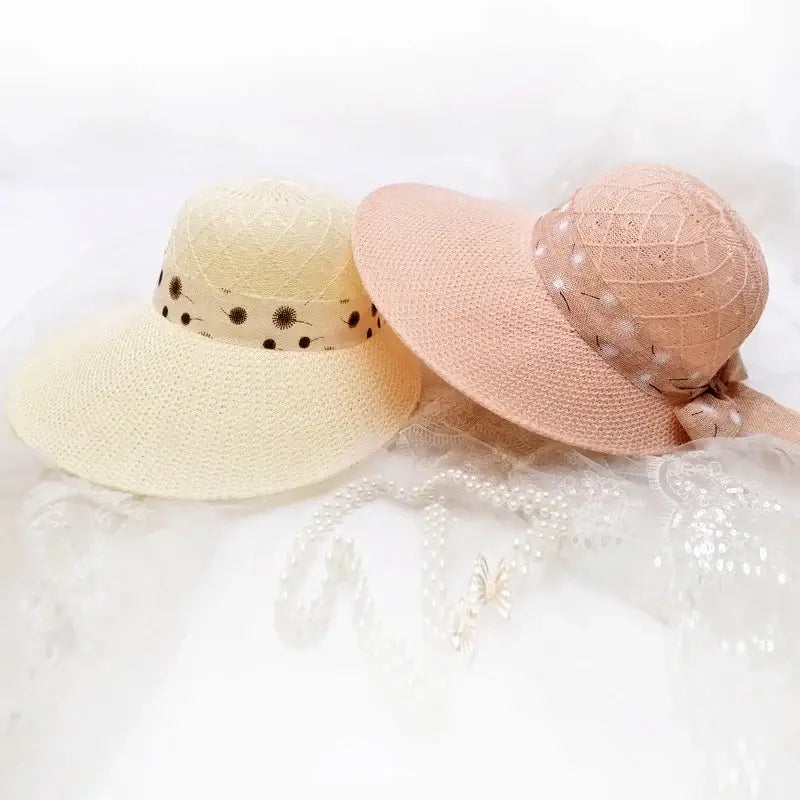 Summer Girls Sun Hats Wide Brim Bowknot Straw Hat with Ribbon Outdoor Sun Protection Women Hats Soild Color Ladies