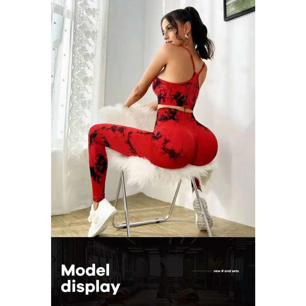Stylish model showcasing the Tie Dye Yoga Women's Tracksuit Fitness Yoga Sets Sportswear Workout Bra and High Waist Leggings.