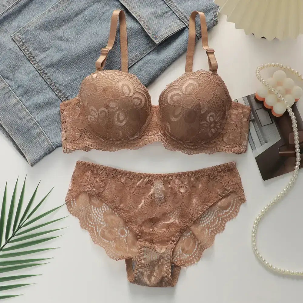 The Lady's Haven Boutique brown lace 2-piece underwear set with bra and matching panties