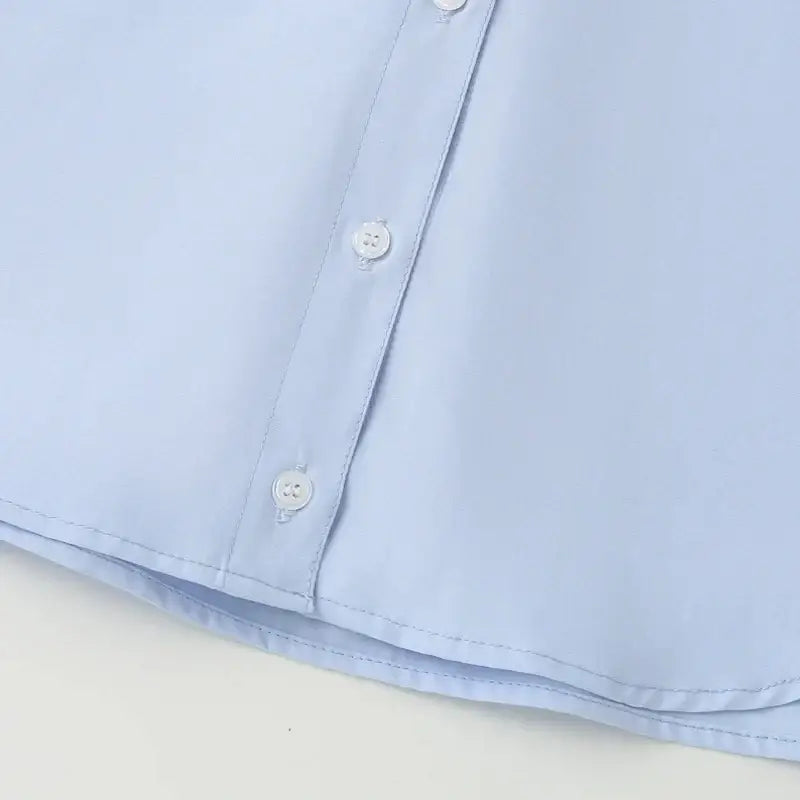 Light blue spring long sleeve office shirt with button details from The Lady's Haven Boutique