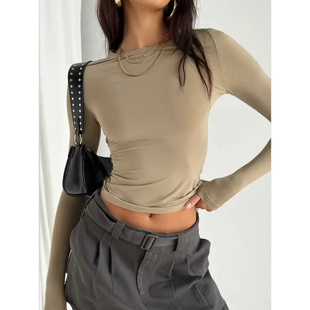 Stylish Women Casual Long Sleeve T-Shirts for Spring Autumn, featuring a slim fit and trendy streetwear design by Yezw.
