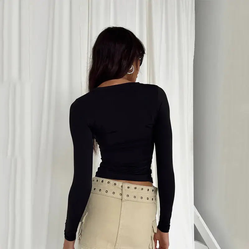 Women Casual Long Sleeve T-Shirts Spring Autumn Solid Slim Fit Pullovers Tees Shirts by Yezw, perfect for streetwear style.