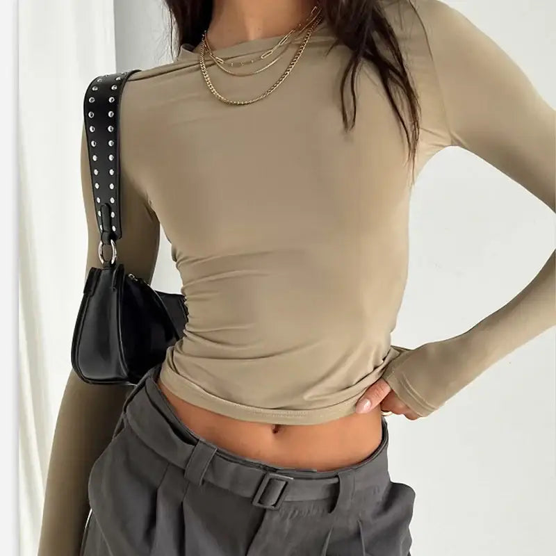 Stylish Women Casual Long Sleeve T-Shirts for Spring Autumn, featuring a slim fit design perfect for streetwear by Yezw.