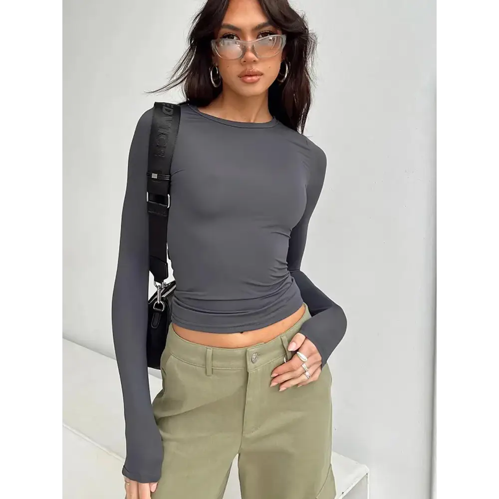 Stylish Women Casual Long Sleeve T-Shirts Spring Autumn Solid Slim Fit Pullovers Tees for trendy streetwear by Yezw.