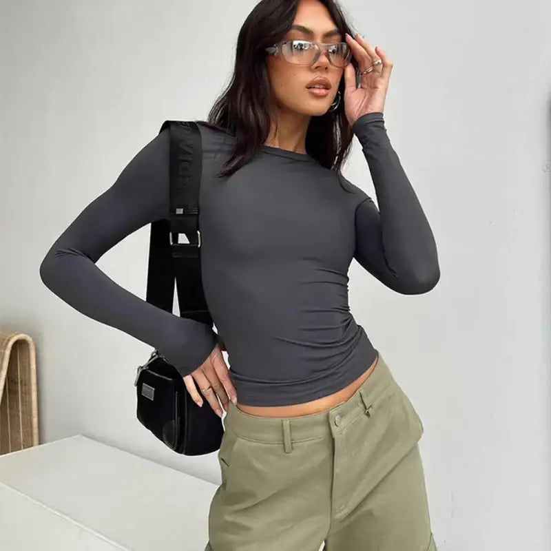 Stylish Women Casual Long Sleeve T-Shirts Spring Autumn Solid Slim Fit, perfect for female streetwear by Yezw.