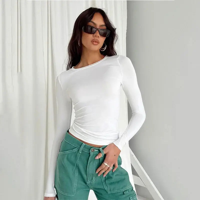 Stylish Women Casual Long Sleeve T-Shirts for Spring Autumn, featuring a slim fit design by Yezw. Perfect for streetwear.