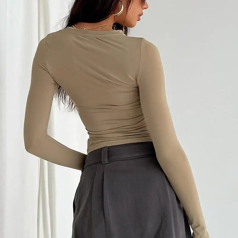 Women Casual Long Sleeve T-Shirts Spring Autumn Solid Slim Fit Pullovers Tees Shirts, perfect for stylish streetwear by Yezw.