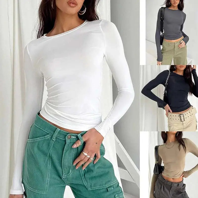 Stylish Women Casual Long Sleeve T-Shirts Spring Autumn Slim Fit Pullovers by Yezw, perfect for streetwear or casual outings.