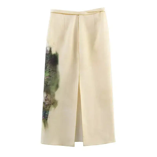 Beige fashion casual skirts with print featuring a subtle floral design on the side from The Lady's Haven Boutique