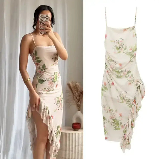 Sleeveless tie back floral dress with ruffle details in soft pastel colors from The Lady's Haven Boutique