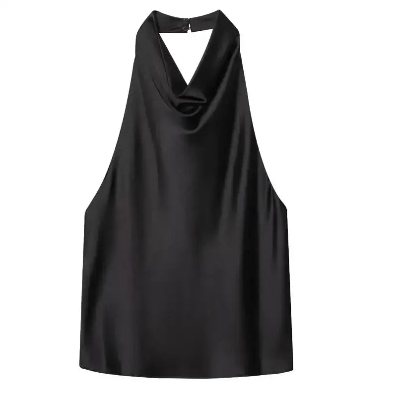 Black satin halter crop top with draped neckline and back button closure from The Lady's Haven Boutique