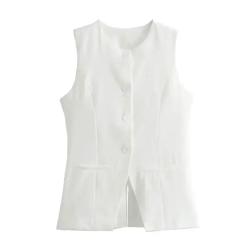 White sleeveless vest from The Lady's Haven Boutique for summer office vest and shorts outfit