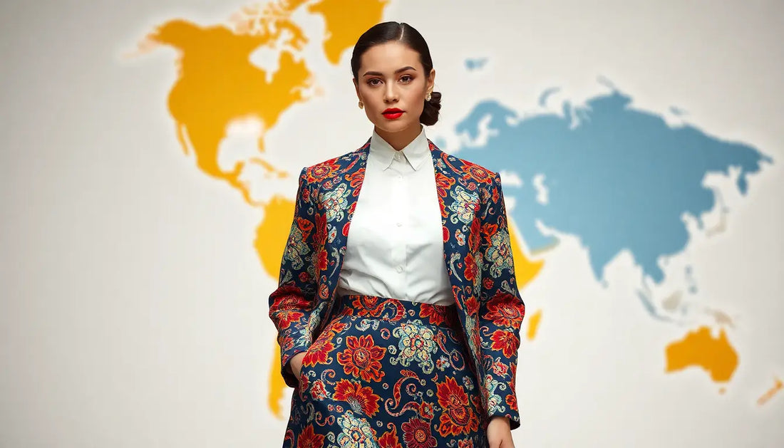 Fashion model showcasing vibrant designs reflecting fashion trends from world leaders