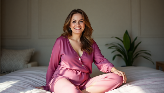 Comfortable and stylish day to night loungewear model sitting on a bed, showcasing the relaxed fit