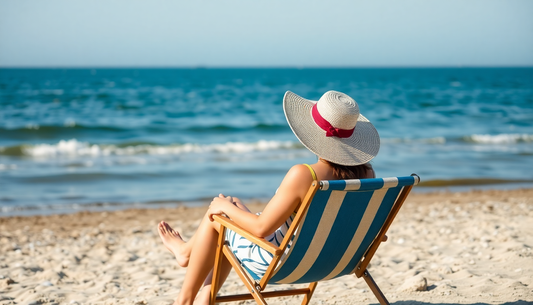 Woman relaxing on the beach wearing trendy summer hats for women 2025