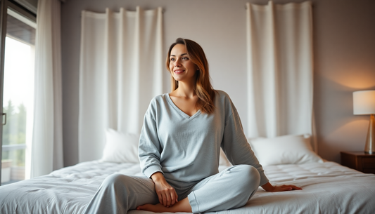 Woman wearing comfortable women's loungewear fabrics sitting on a cozy bed in a bright room