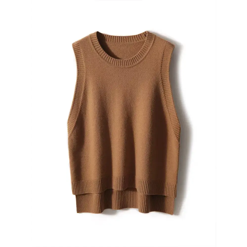 100% Merino Wool Sleeveless Knit Vest – O-Neck Pullover for Women - Sweaters