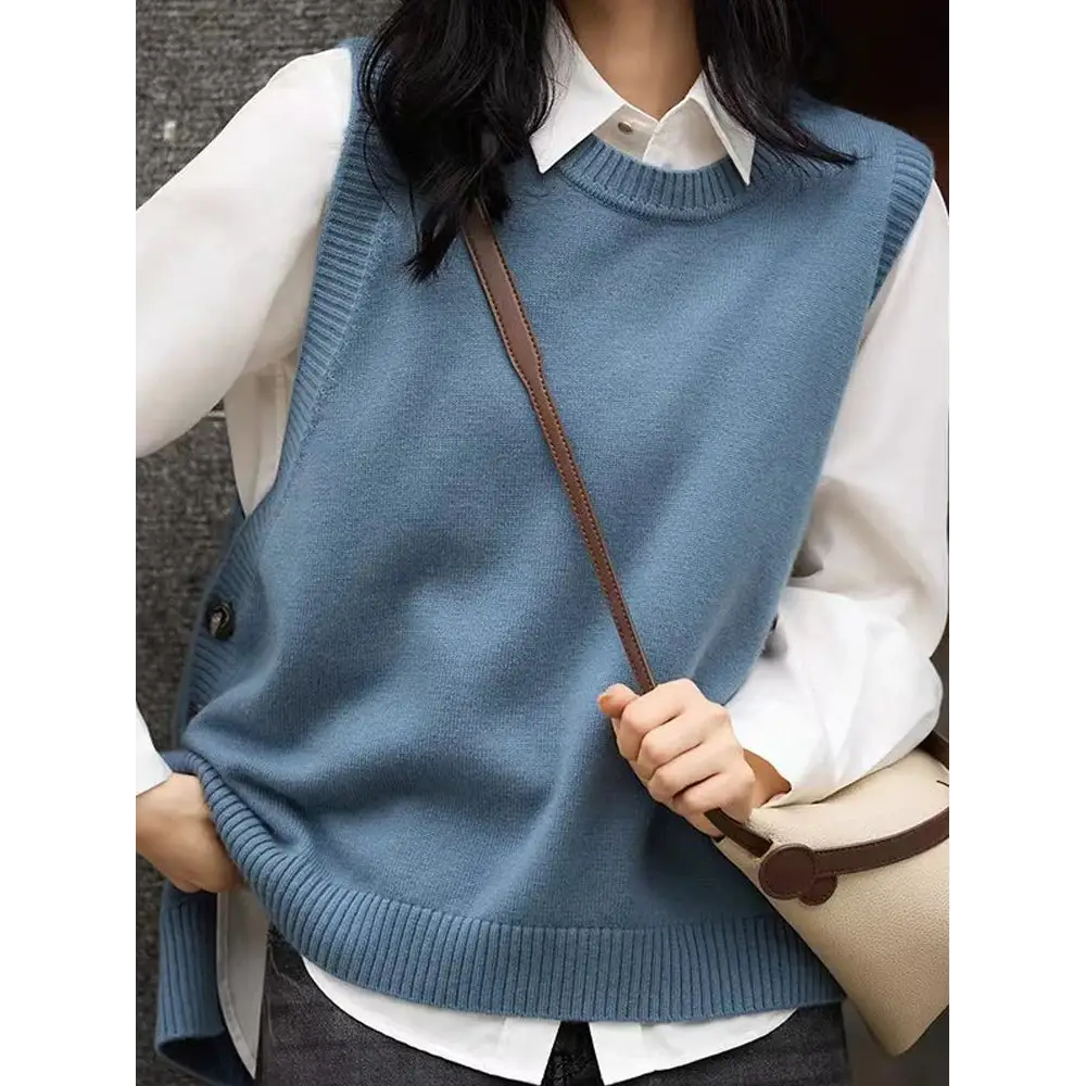 100% Merino Wool Sleeveless Knit Vest – O-Neck Pullover for Women - Blue / XL - Sweaters