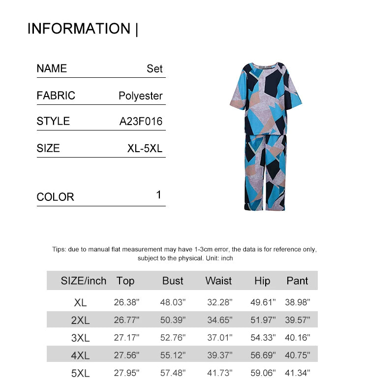 Conjunto de dos piezas de pantalón de lino y algodón de verano para mujer, talla grande, con cuello redondo estampado y mangas de cinco puntos.