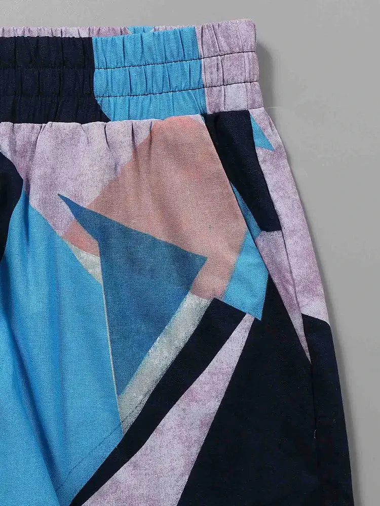 Conjunto de dos piezas de pantalón de lino y algodón de verano para mujer, talla grande, con cuello redondo estampado y mangas de cinco puntos.