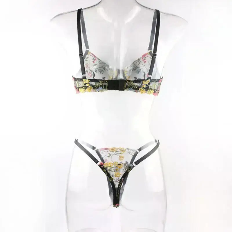 Floral Embroidery Lingerie Set Women Sheer 2-Piece Boho Bra + Panty Underwear Set Intimates