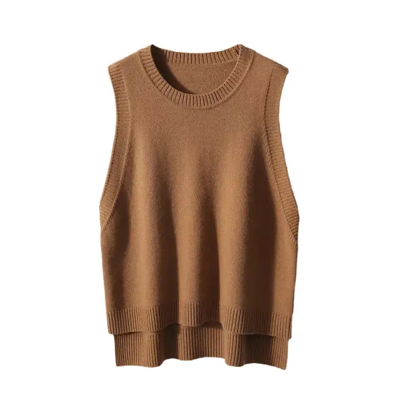 100% Merino Wool Sleeveless Knit Vest – O-Neck Pullover for Women - Sweaters