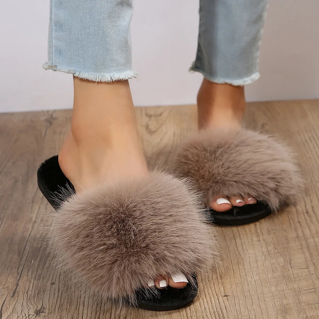 Ladies Fuzzy Flat Slide Slippers Plush Fur