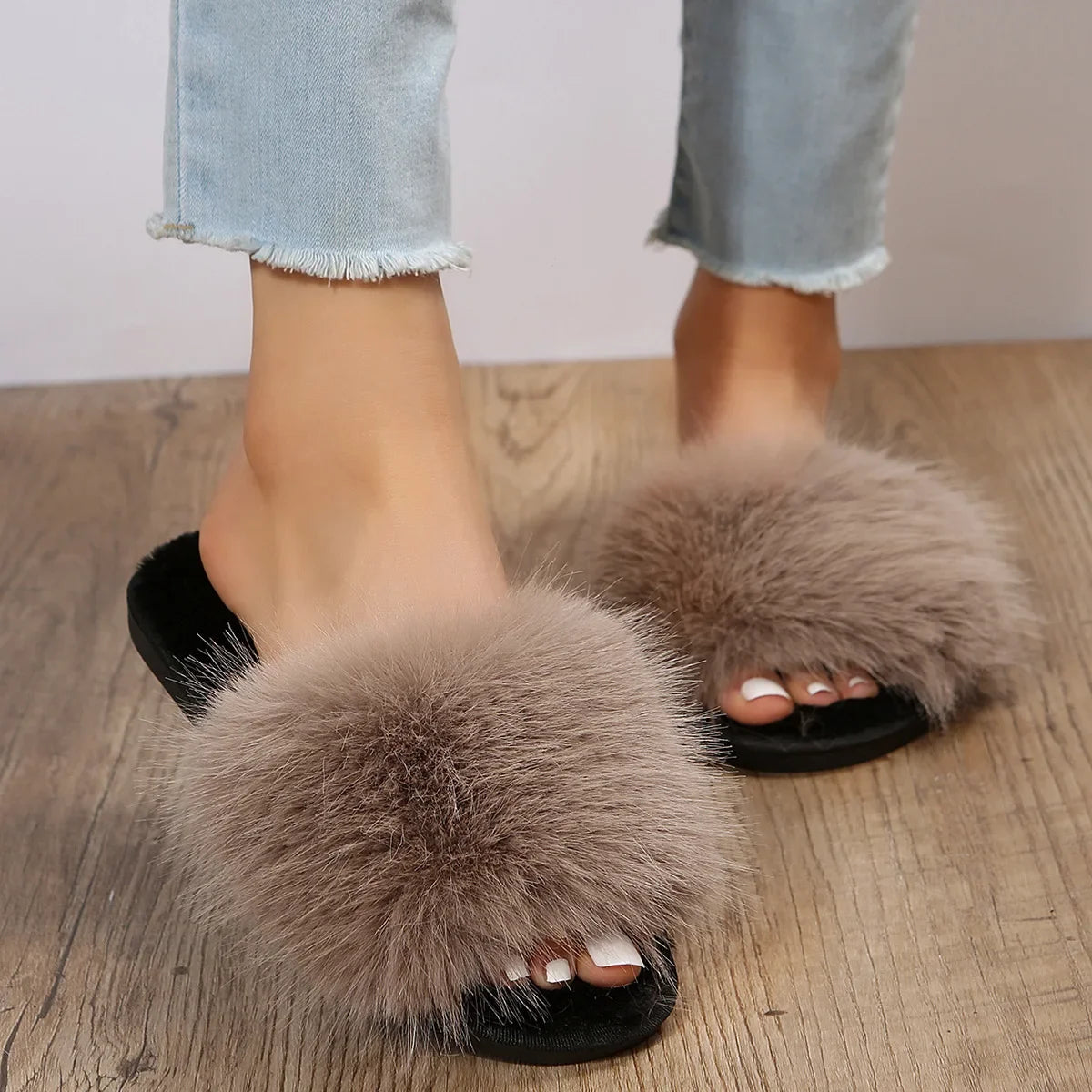 Ladies Fuzzy Flat Slide Slippers Plush Fur