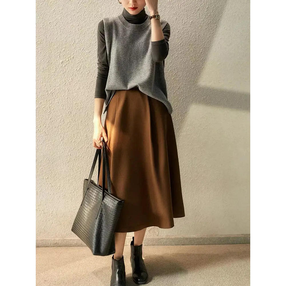 100% Merino Wool Sleeveless Knit Vest – O-Neck Pullover for Women - Gray / XL - Sweaters